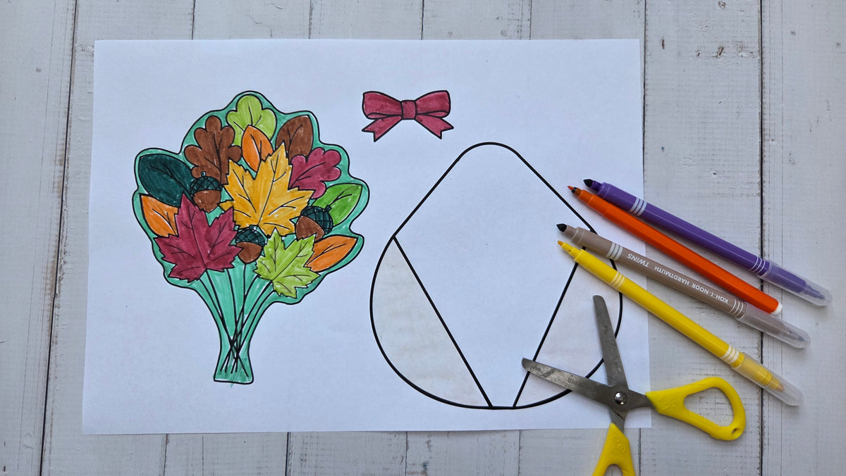 Autumn bouquet paper craft – coloured template with leaves, acorns and bow, ready to cut out