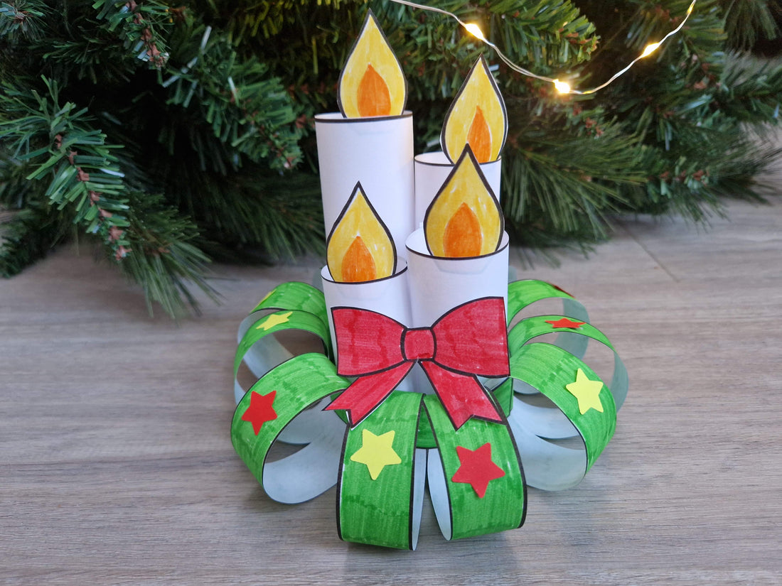 3D paper Christmas wreath with candles – printable Christmas paper craft for kids