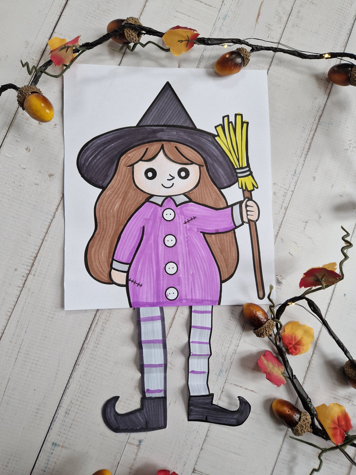 Little witch girl with a broom – printable Halloween paper craft template