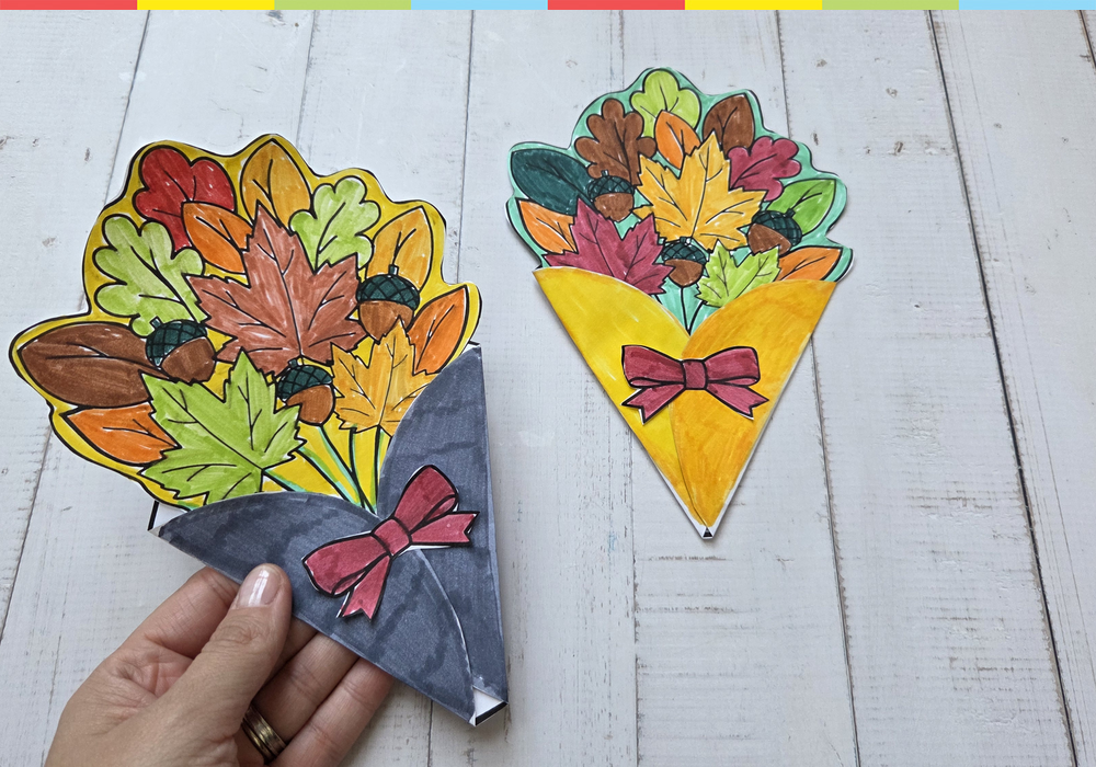 Autumn leaves and acorns bouquet in a paper cone with a bow – printable autumn paper craft template