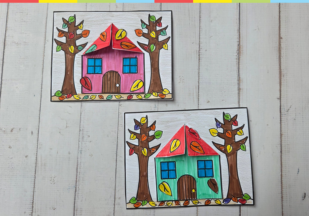 Autumn house with a folding roof between two fall trees – printable autumn paper craft template
