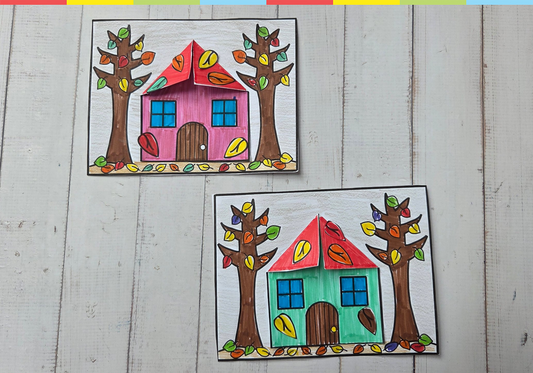 Autumn house with a folding roof between two fall trees – printable autumn paper craft template