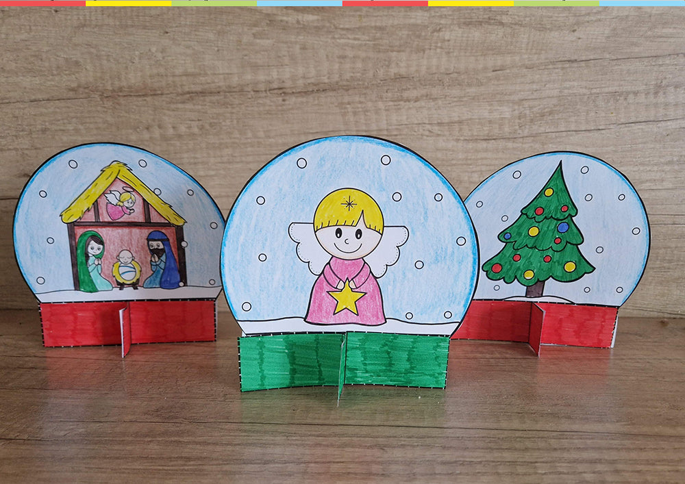 Free paper snow globes with a snowman and Christmas tree – printable Christmas paper craft template