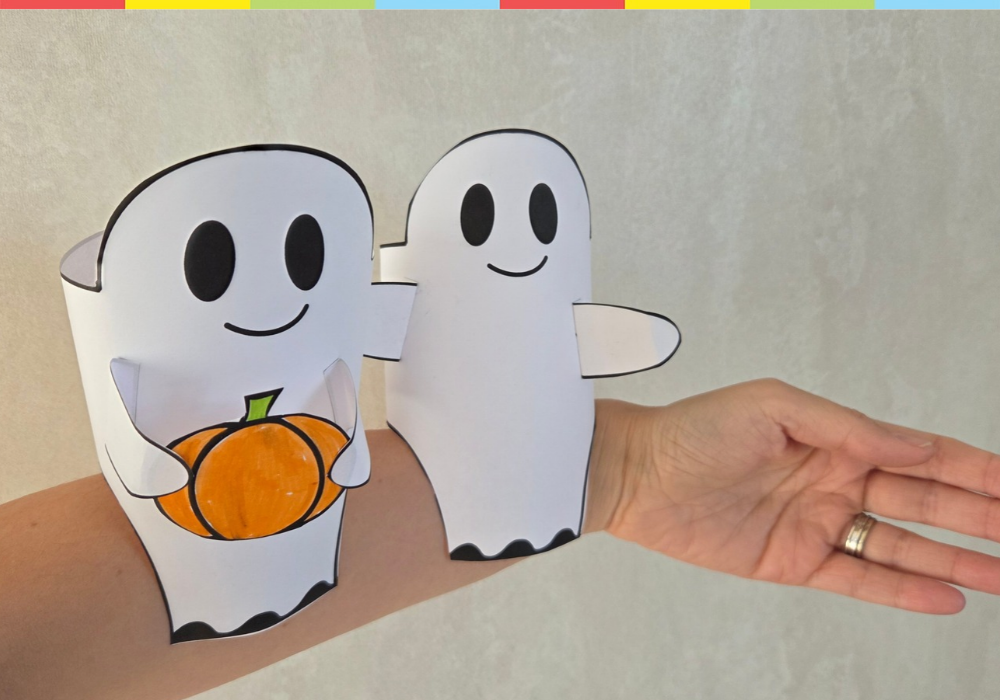 Ghost holding a pumpkin, worn around the wrist – printable Halloween paper craft template