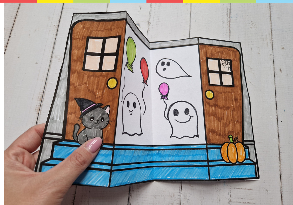 Spooky Halloween door with ghosts and a cat – printable Halloween paper craft template