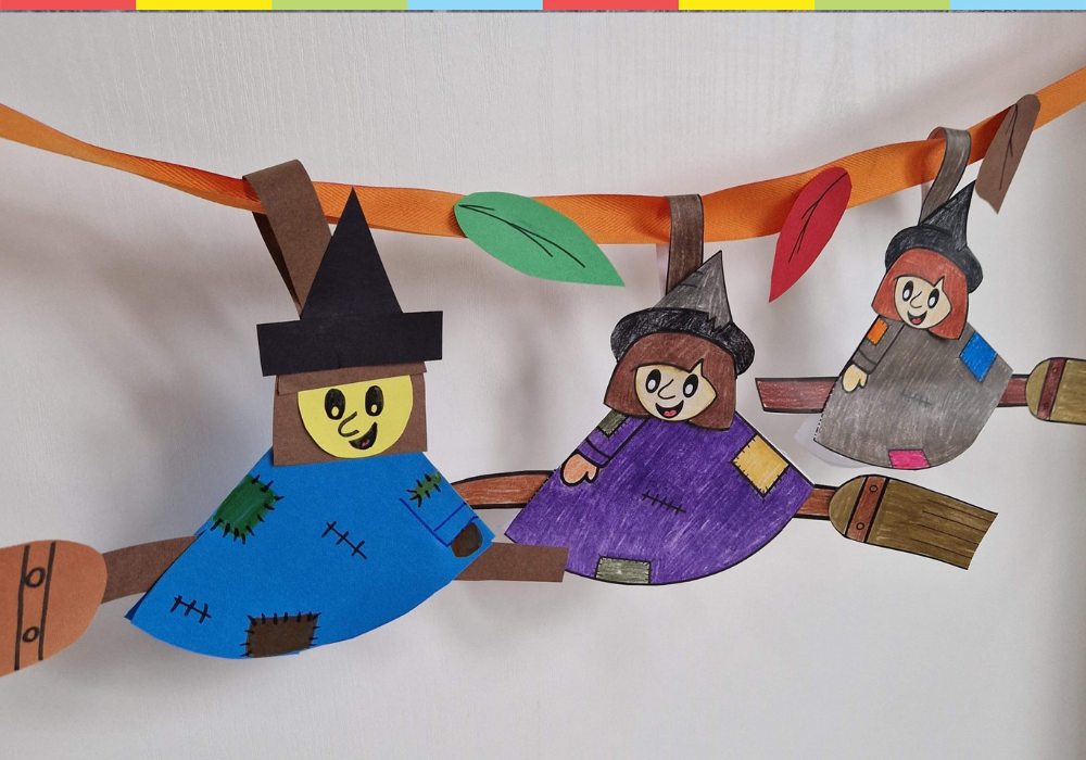 Flying witches on broomsticks garland – printable Halloween paper craft template